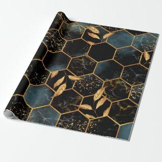 Seamless pattern with marble hexagon and golden le