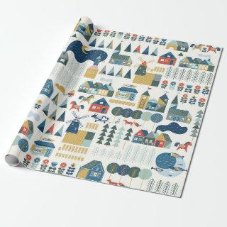 Seamless pattern with scandinavian village in past