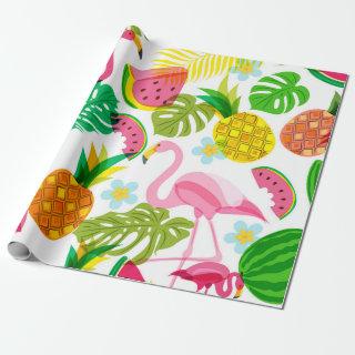 Seamless tropical pattern with pink flamingo, palm