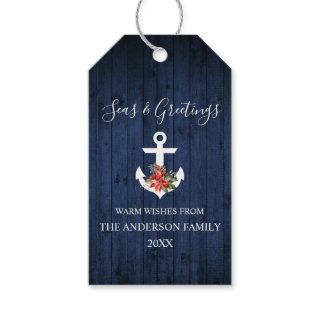 Seas and Greetings Blue Wood Poinsettia Anchor Gift Tags