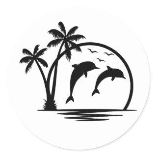 Seascape Dolphin Jumping Palm Tree Ocean Classic Round Sticker
