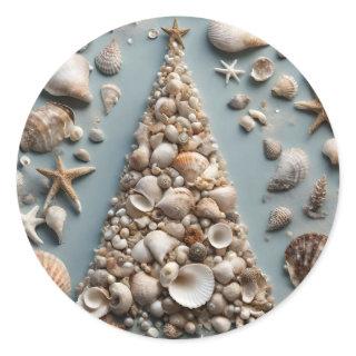 Seashell Coastal Christmas Tree  Classic Round Sticker