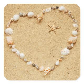 Seashell Heart with Starfish Square Sticker