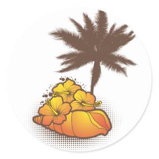 seashells and palmtree 4 orange classic round sticker