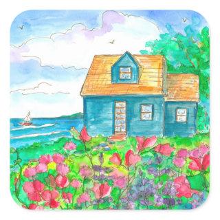 Seaside Cottage Sailing Watercolor Square Sticker