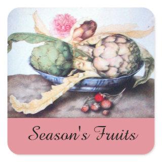 SEASON'S FRUITS / ARTICHOKES, ROSE & STRAWBERRIES SQUARE STICKER