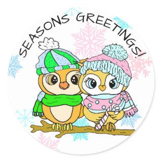 Seasons Greetings Cute Owl Couple Christmas Classic Round Sticker