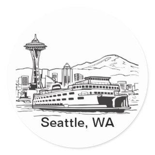 Seattle Ferry & Skyline Line Art Washington State Classic Round Sticker