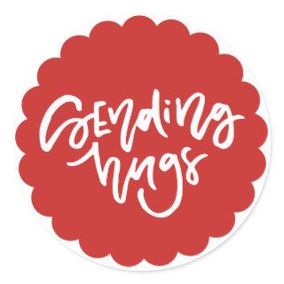 Sending Hugs Hand Lettered Red Scallop Edge Classic Round Sticker