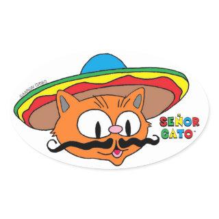 Senor Gato Cartoon Mustache Cat  Oval Sticker