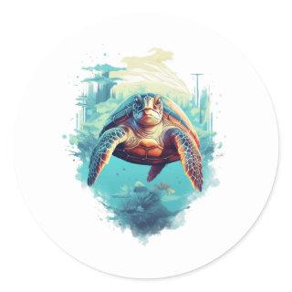 Serene Underwater Turtle Classic Round Sticker