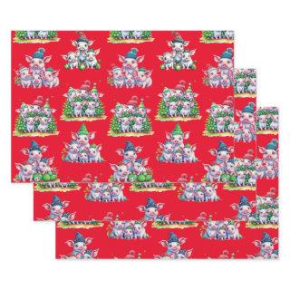 Set Ass't on Red Adorable Pig Christmas Gift Wrap