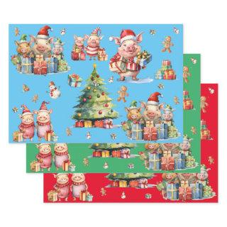 Set of 3 Assorted Cute Pig Christmas Gift Wraps  Sheets