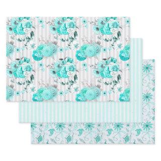 Set of 3 Coordinating Turquoise Floral and Stripes  Sheets