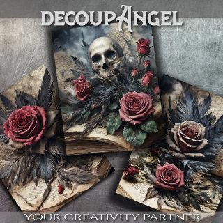 Set of 3 - Skull and Scarlet Roses #2 - Decoupage   Sheets