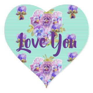 Shabby Aqua Turquoise Stripe flowers floral Love Heart Sticker