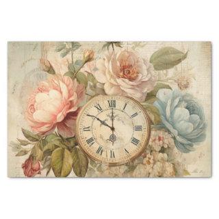 Shabby Chic Vintage Blush Blue Roses Floral Clock Tissue Paper