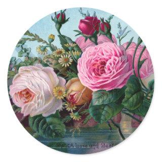 Shabby Chic Vintage Pink & White Roses Floral Classic Round Sticker