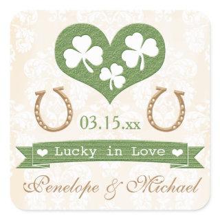 Shamrock and Horseshoe Lucky in Love Wedding Square Sticker