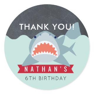 Shark Boy Navy Blue Pool Birthday Thank You Classic Round Sticker