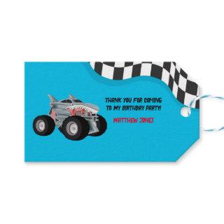 Shark Monster Truck Racing Flag Birthday Party Gift Tags