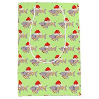 Shark Santa Hat Candy Cane Peppermint Christmas Medium Gift Bag