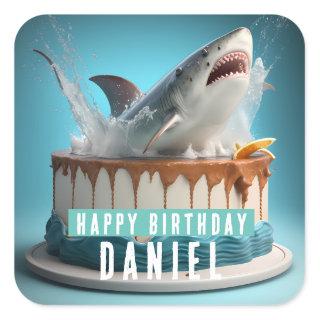 Shark themed Birthday Cake Square Sticker
