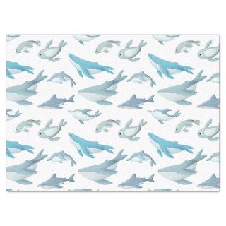 Sharks, Whales, Dolphins, Seals on White Decoupage Tissue Paper
