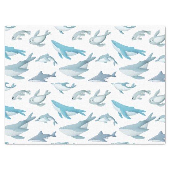 Sharks, Whales, Dolphins, Seals on White Decoupage Tissue Paper