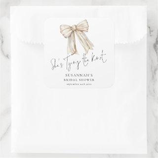 She’s Tying The Knot Cream Bow Bridal Shower Square Sticker