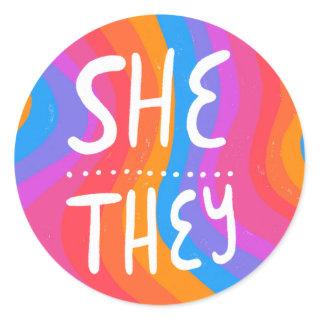 SHE/THEY Pronouns Rainbow Handlettering Sheet of Classic Round Sticker