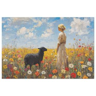 Sheep and Shepherdess with Wildflowers Decoupage Tissue Paper