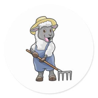 Sheep as Farmer with Rake & Hat Classic Round Sticker
