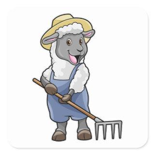 Sheep as Farmer with Rake & Hat Square Sticker