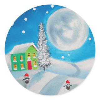 sheep folk painting full moon winter classic round sticker