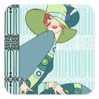 Shelby, 1920s Lady in Aqua and Teal Square Sticker