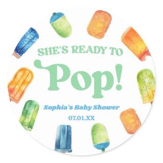 She's Ready To Pop Blue Popsicle Baby Shower Classic Round Sticker
