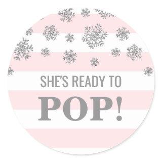 She's Ready to Pop Pink Stripes Silver Snowflakes Classic Round Sticker