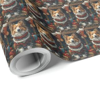 Shetland Sheepdog With Christmas Gifts Fireplace