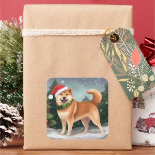 Shiba Inu Dog in Snow Christmas Square Sticker