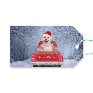 Shiba Inu Dog in Snow sitting in Christmas Truck  Gift Tags
