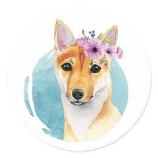 Shiba Inu with Flower Crown | Dog Art Classic Round Sticker