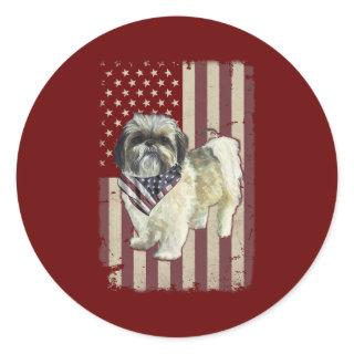 Shih Tzu American Flag Bandana Patriotic 4th Of Classic Round Sticker