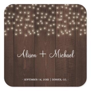 Shimmering lights rustic wood brown white wedding square sticker