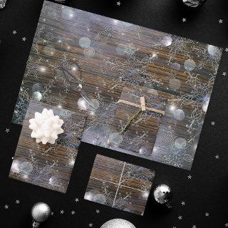 Shimmering Winter Silver Snowflakes On Barn Wood  Sheets