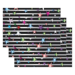 Shiny Confetti Stars On Black and Silver Stripes  Sheets