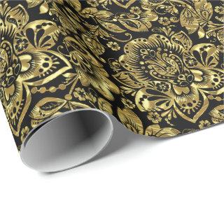 Shiny Gold Baroque Floral Damasks On White