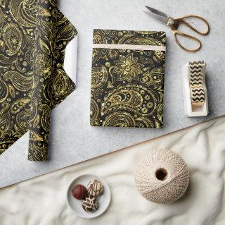 & Shiny Gold Floral paisley Pattern Wrapping Pape