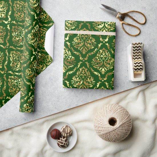 Shiny Looking Gold Floral Damask On Green