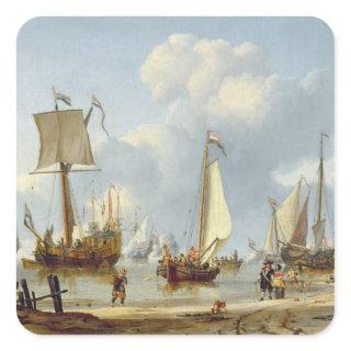 Ships in Calm Water with Figures by the Shore Square Sticker